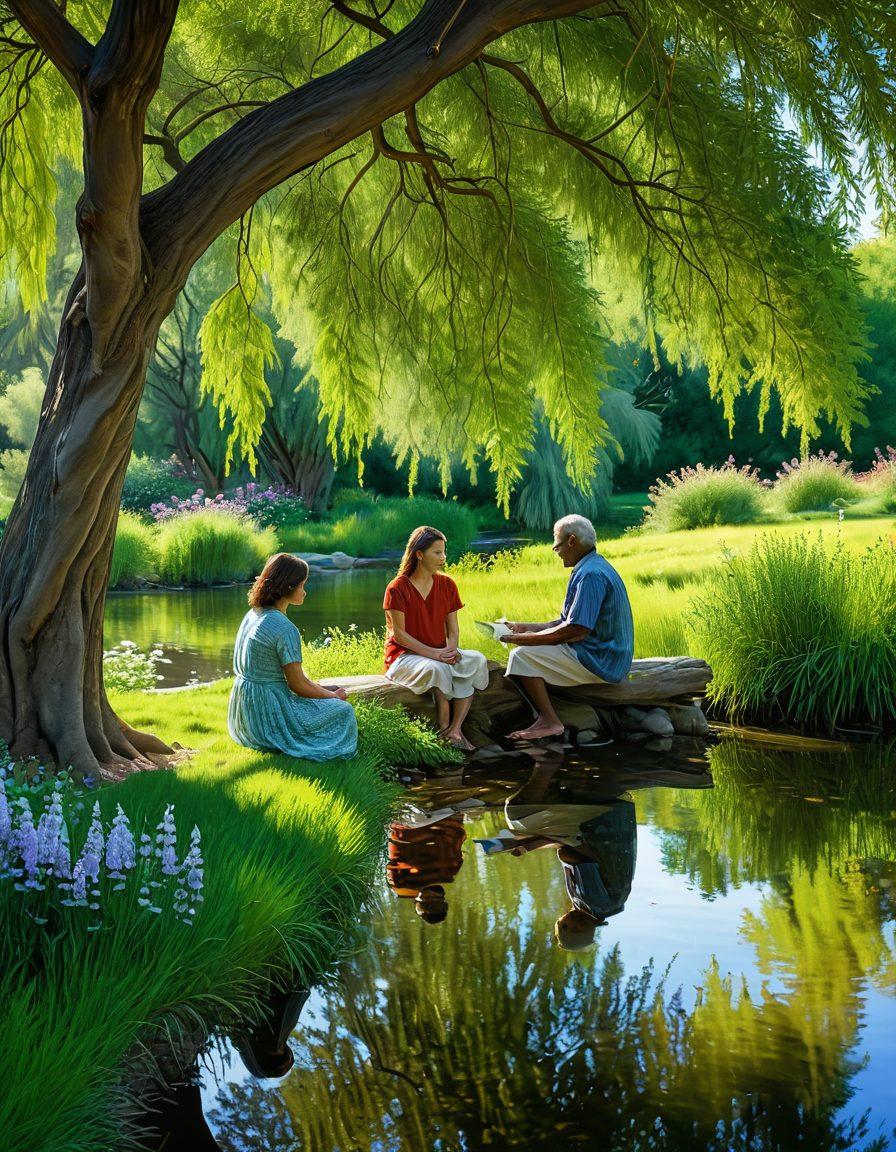 A serene landscape showcasing a diverse group of individuals sitting together in a cozy circle, sharing stories and emotions beneath a willow tree. Soft light filters through the leaves, creating an atmosphere of reflection and camaraderie. Incorporate elements of nature like blooming flowers and gentle streams to symbolize healing. Warm tones with a hint of melancholy. painting. vibrant colors.