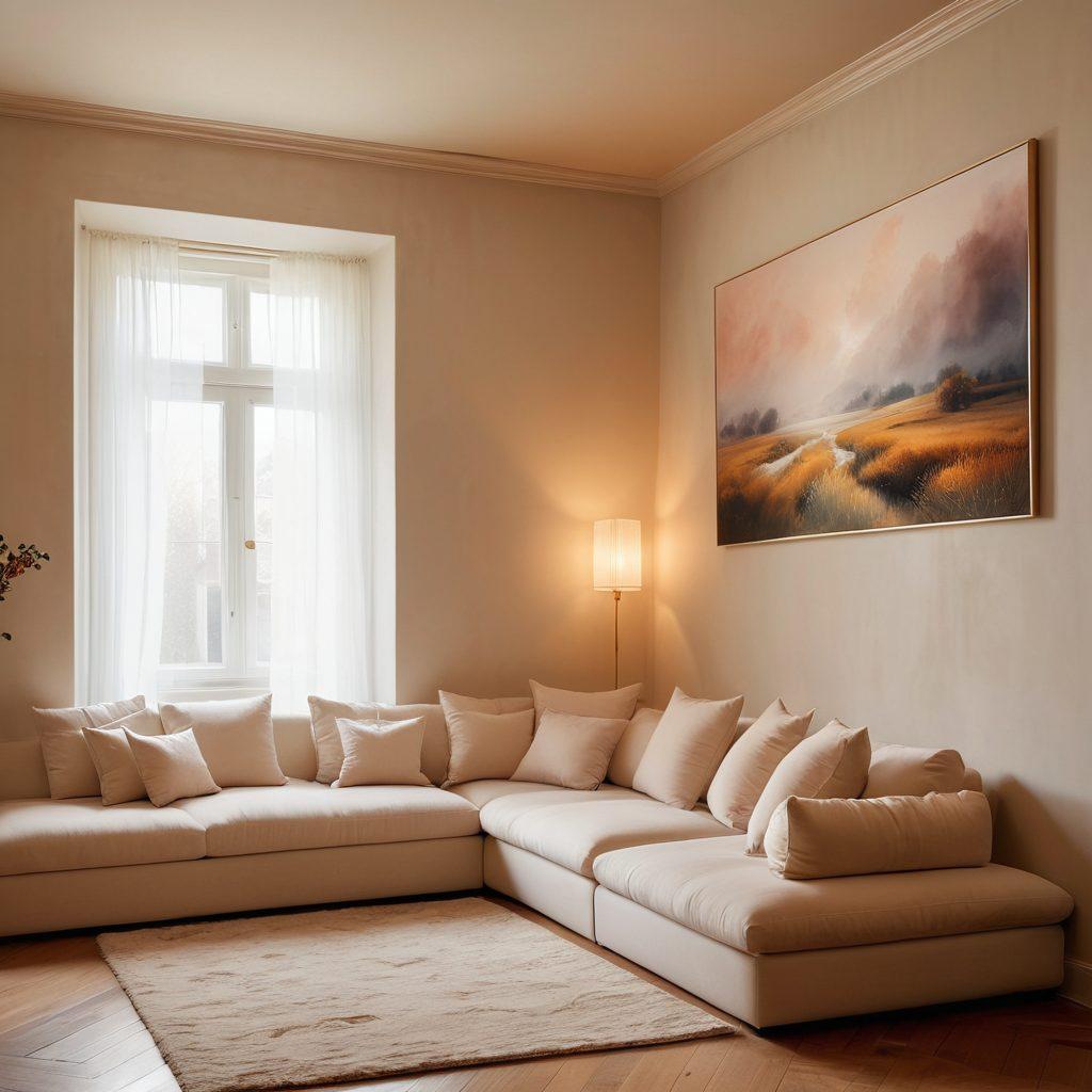 A serene and inviting room filled with soft, plush cushions and gentle lighting, where individuals of diverse backgrounds sit comfortably together, sharing stories of sorrow and healing. Ethereal wisps of fog symbolize the complexity of emotions, while warm colors create a sense of safety and acceptance. Subtle touches of art, like paintings or sculptures, reflect themes of melancholy and growth. Atmospheric and calming. super-realistic. warm colors. cozy interior.