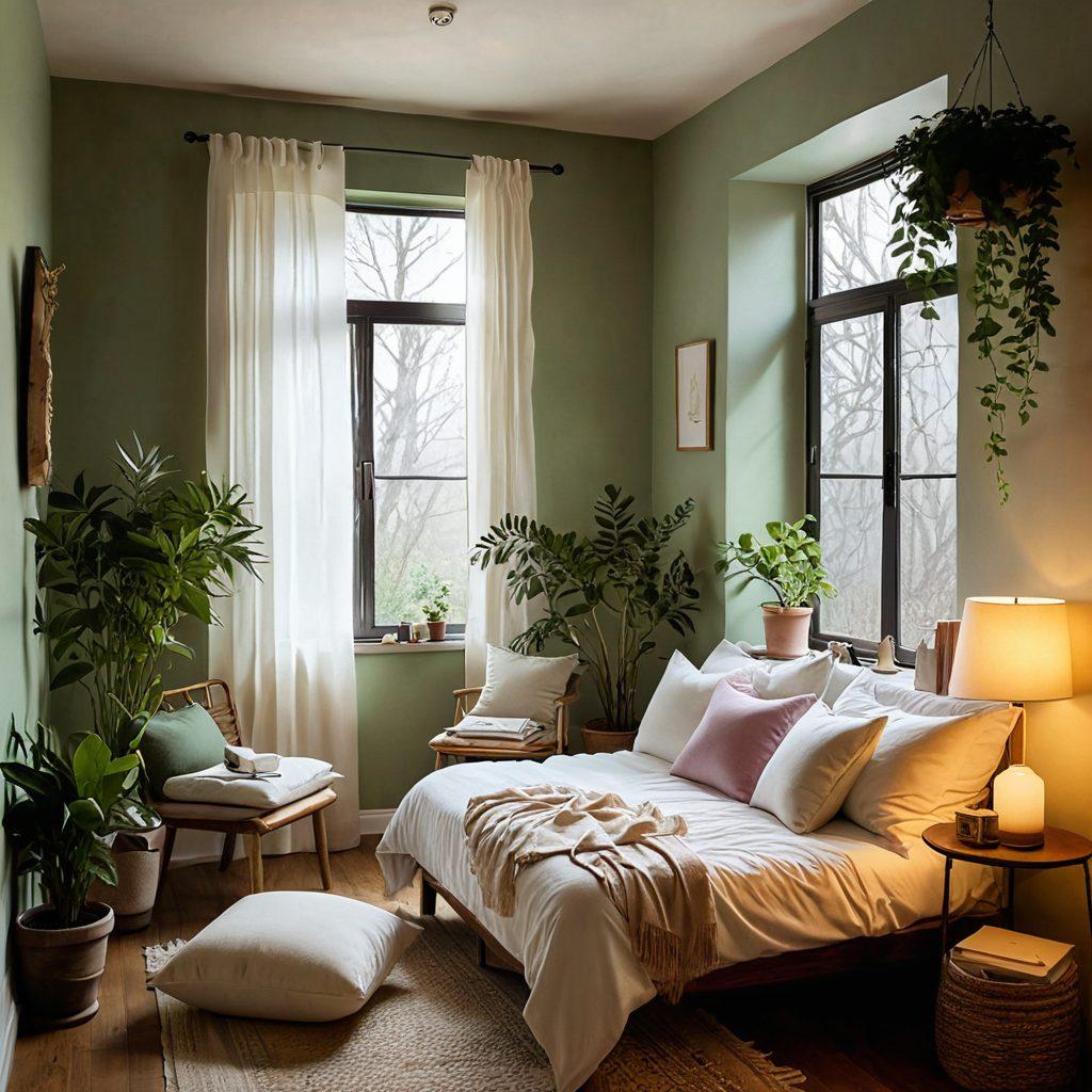A serene, peaceful room filled with soft cushions and warm, inviting lighting that embodies safety and comfort. Dark shadows softly blend with warmer light, symbolizing the embrace of dismal feelings, while diverse individuals engage in healing activities like painting, journaling, and meditation. Gentle nature elements like plants and calming colors create a soothing atmosphere of equitable healing. super-realistic. warm tones. cozy ambiance.